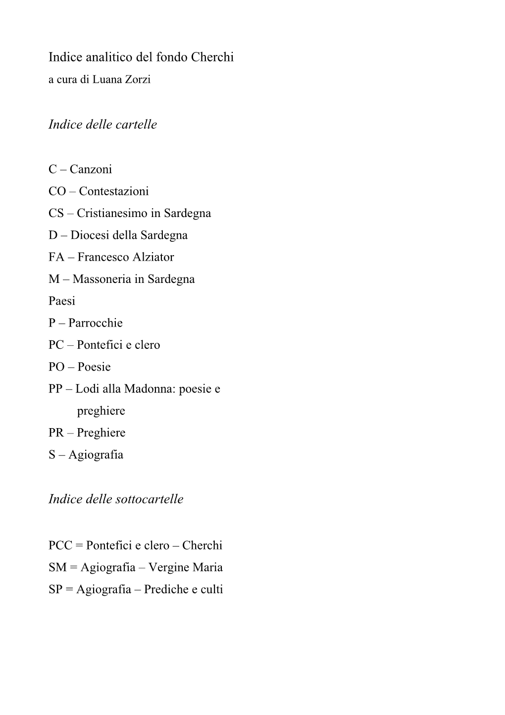 Indice Analitico Del Fondo Cherchi Indice Delle Cartelle Indice Delle