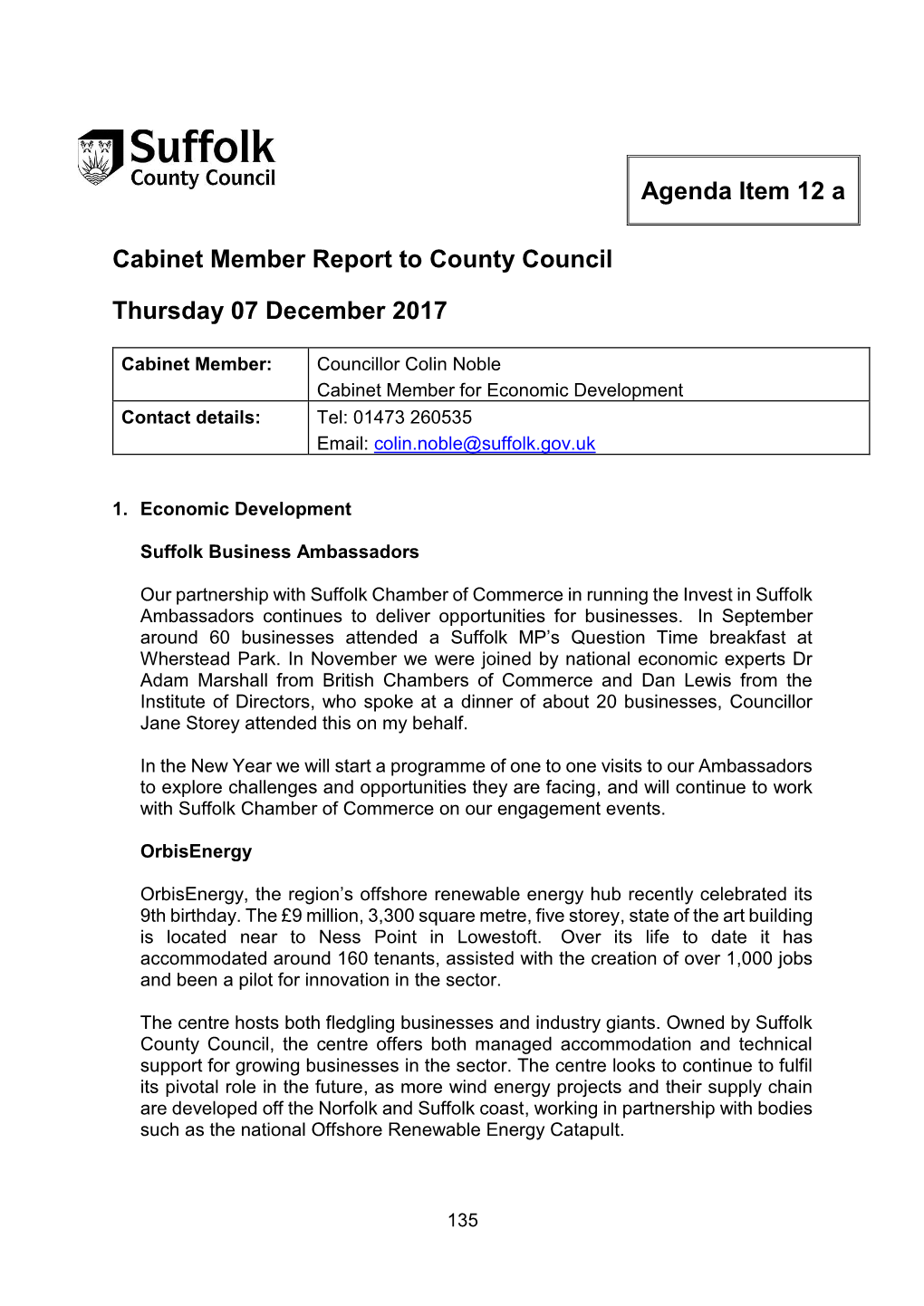 Agenda Item 12 a Cabinet Member Report to County Council Thursday