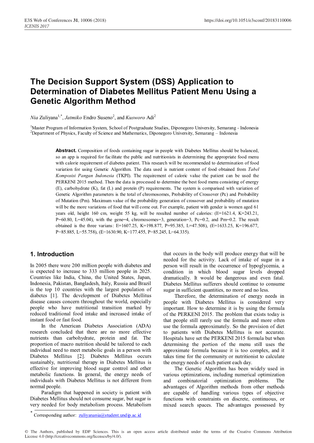 (DSS) Application to Determination of Diabetes Mellitus Patient Menu Using a Genetic Algorithm Method