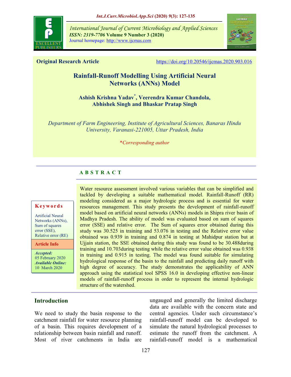 Rainfall-Runoff Modelling Using Artificial Neural Networks (Anns) Model