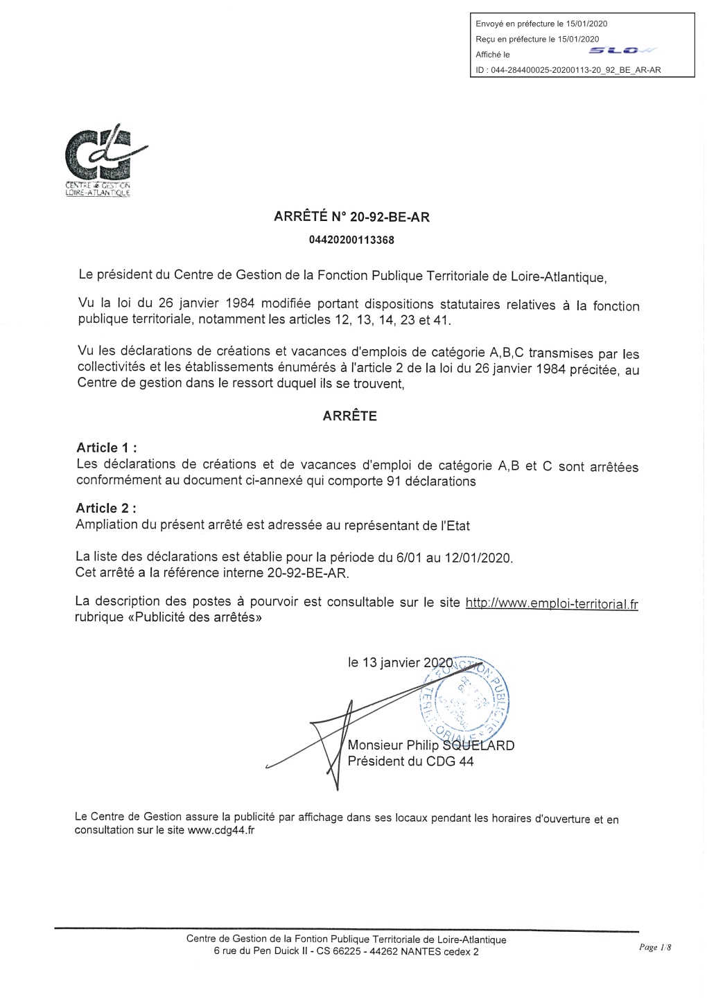 ARRÊTÉ No 20-92-BE-AR Le Président Du Centre De Gestion De