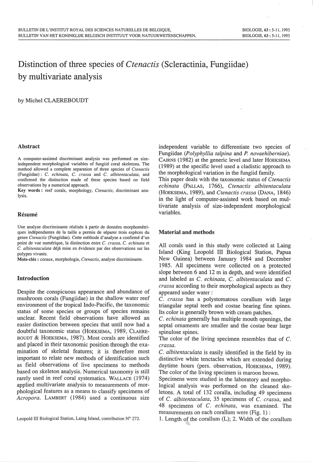 Distinction of Three Species of Ctenactis (Scleractinia, Fungiidae) by Multivariate Analysis