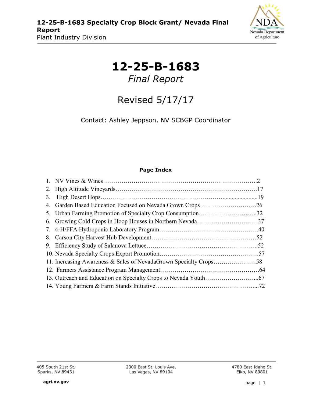 12-25-B-1683 Specialty Crop Block Grant/ Nevada Final Report Plant Industry Division