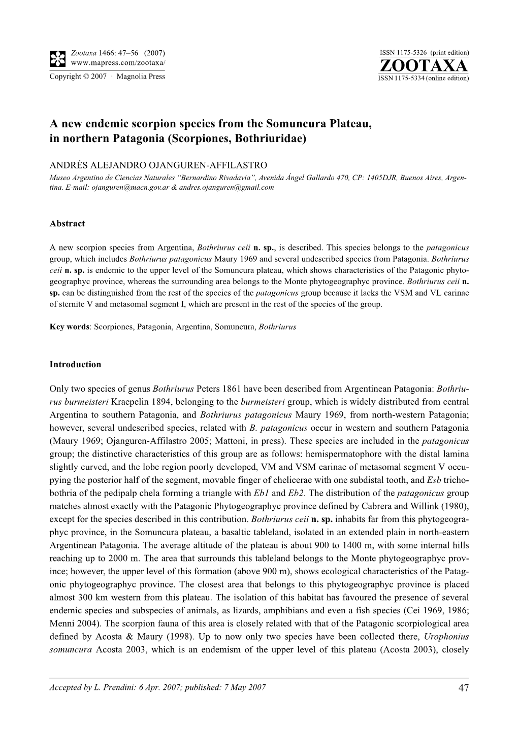 Zootaxa,A New Endemic Scorpion Species from the Somuncura