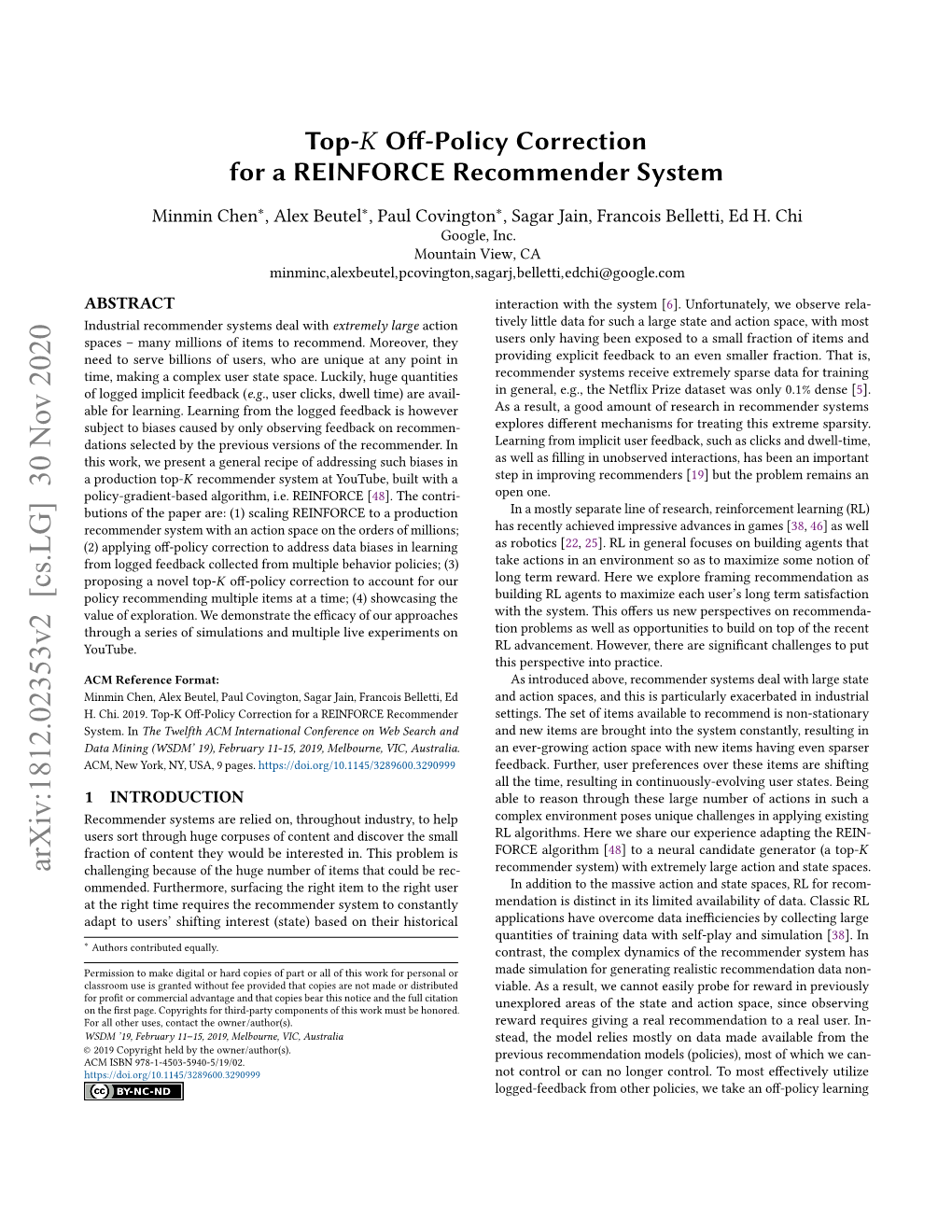 Top-K Off-Policy Correctionfor a REINFORCE Recommender System