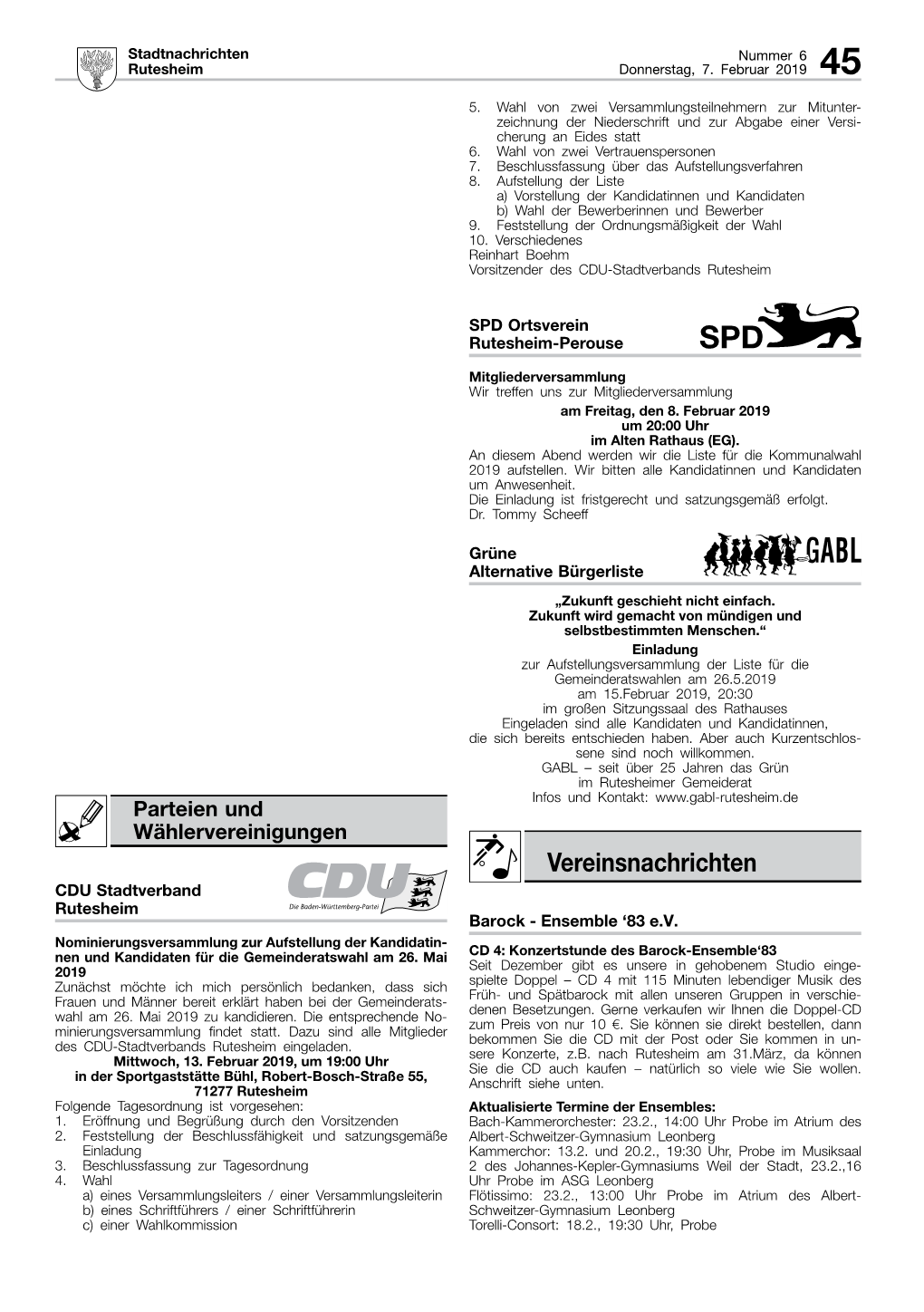 Vereinsnachrichten CDU Stadtverband Rutesheim Barock - Ensemble ‘83 E.V