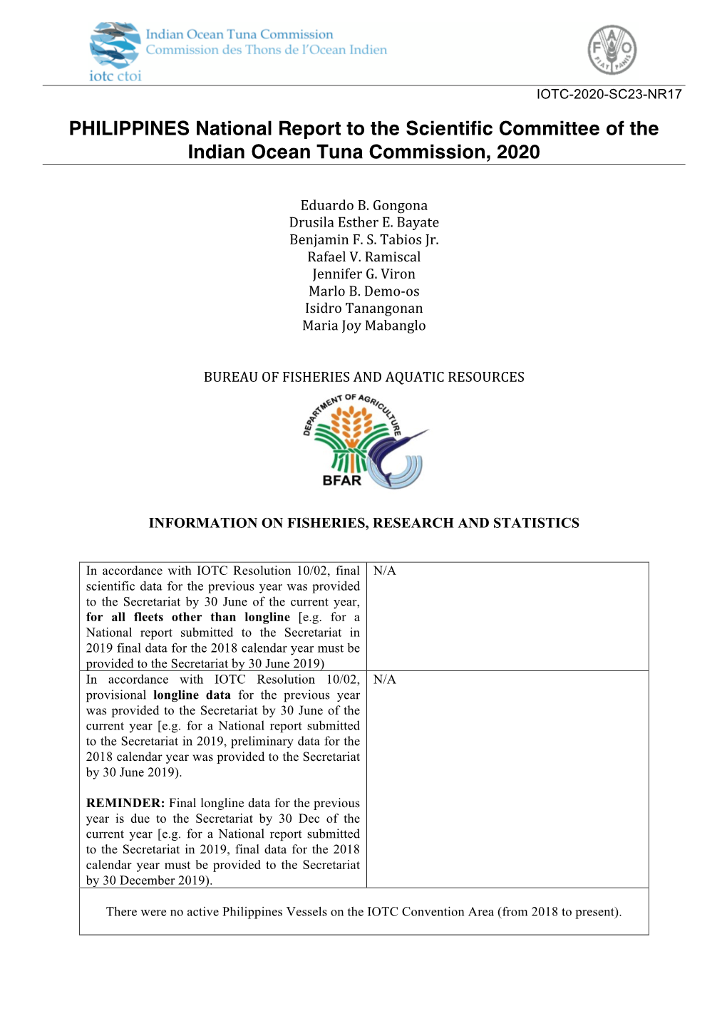 PHILIPPINES National Report to the Scientific Committee of the Indian Ocean Tuna Commission, 2020