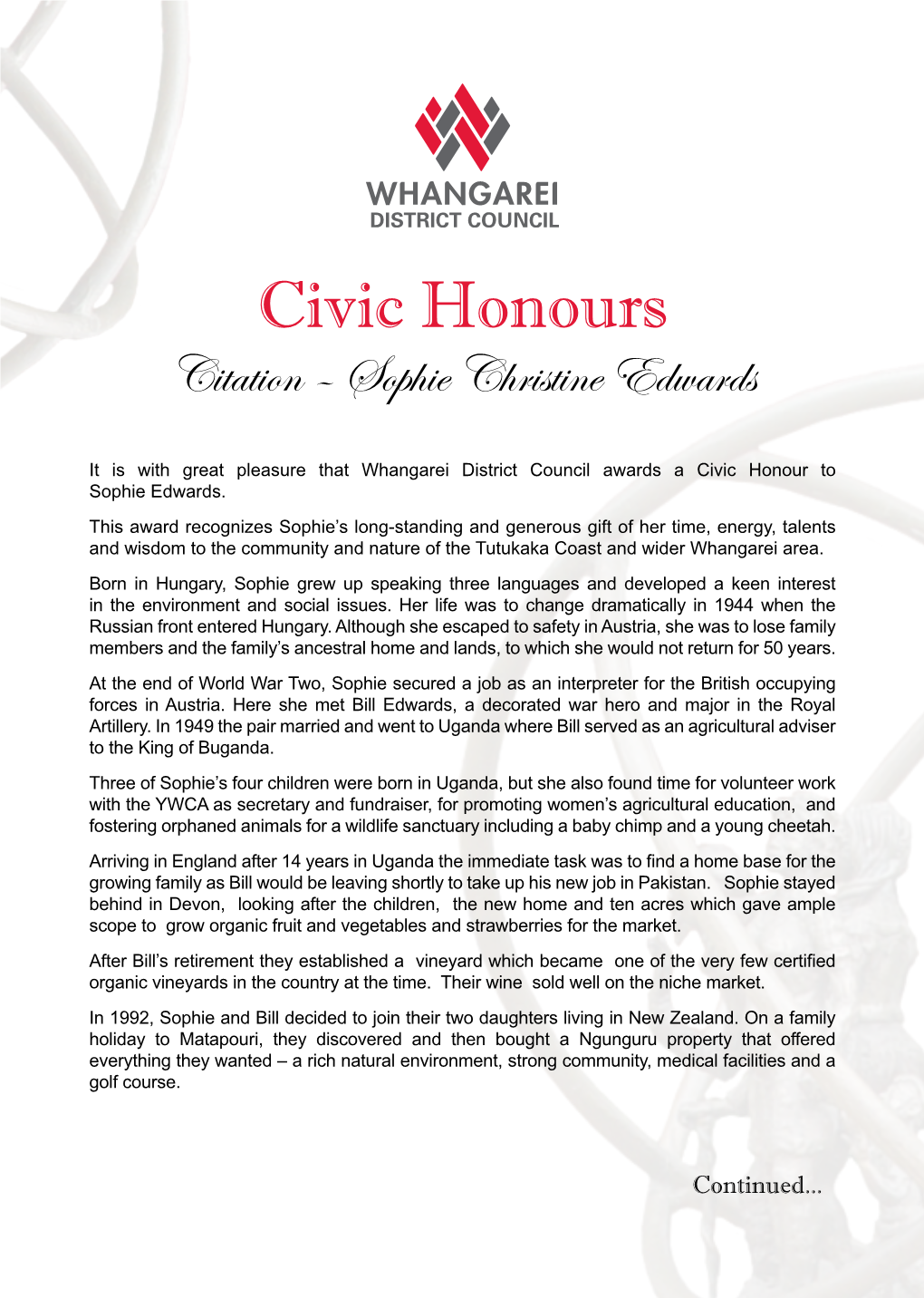 Civic Honours Citation – Sophie Christine Edwards