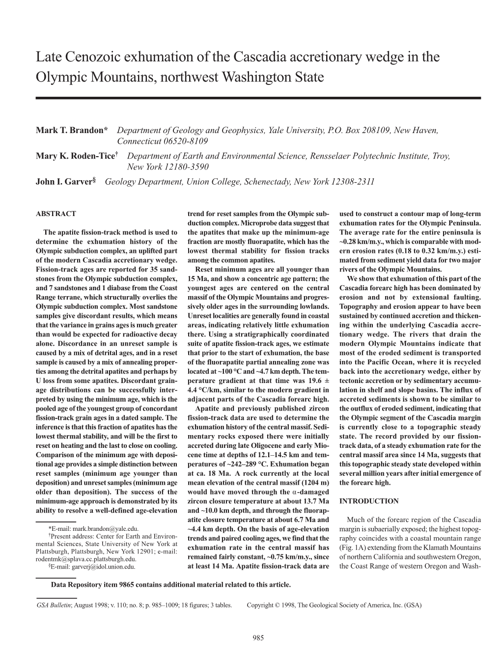 Late Cenozoic Exhumation of the Cascadia Accretionary Wedge in the Olympic Mountains, Northwest Washington State