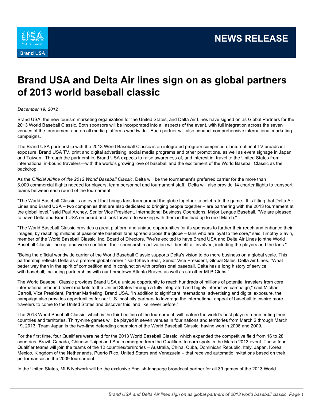 Brand USA and Delta Air Lines Sign on As Global Partners of 2013 World Baseball Classic