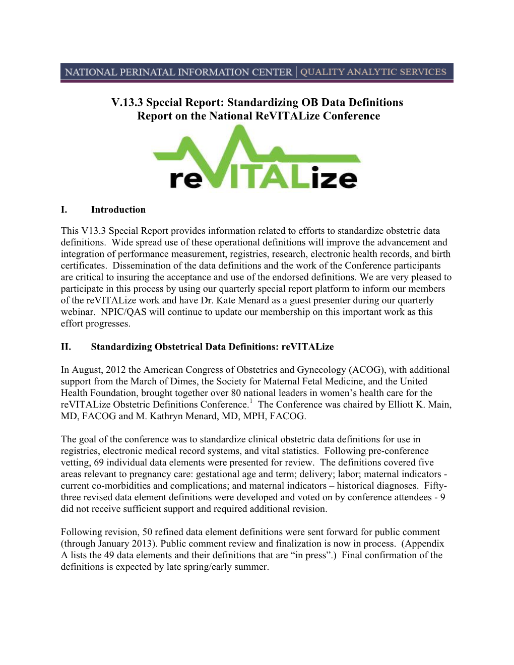 Standardizing OB Data Definitions Report on the National Revitalize Conference
