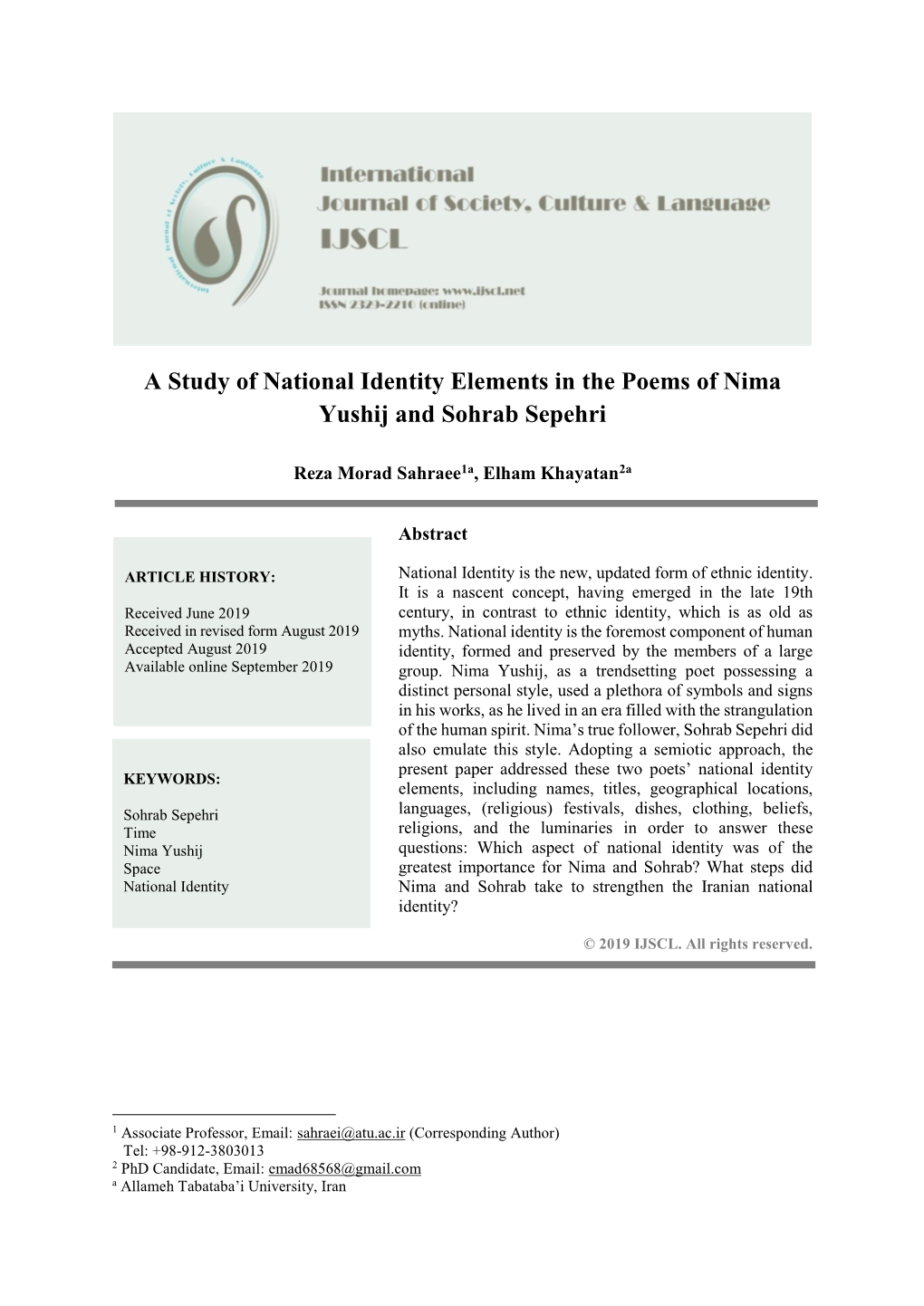 A Study of National Identity Elements in the Poems of Nima Yushij and Sohrab Sepehri