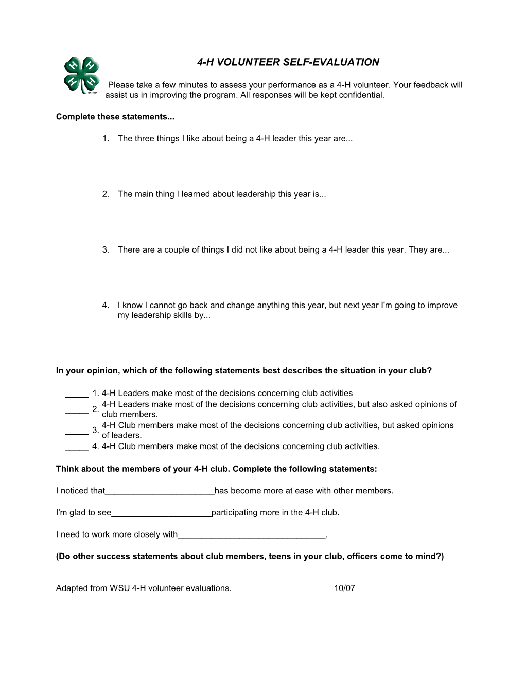 4-H Volunteer Self-Evaluation