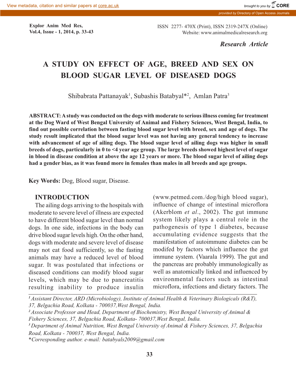 A Study on Effect of Age, Breed and Sex on Blood Sugar Level of Diseased Dogs