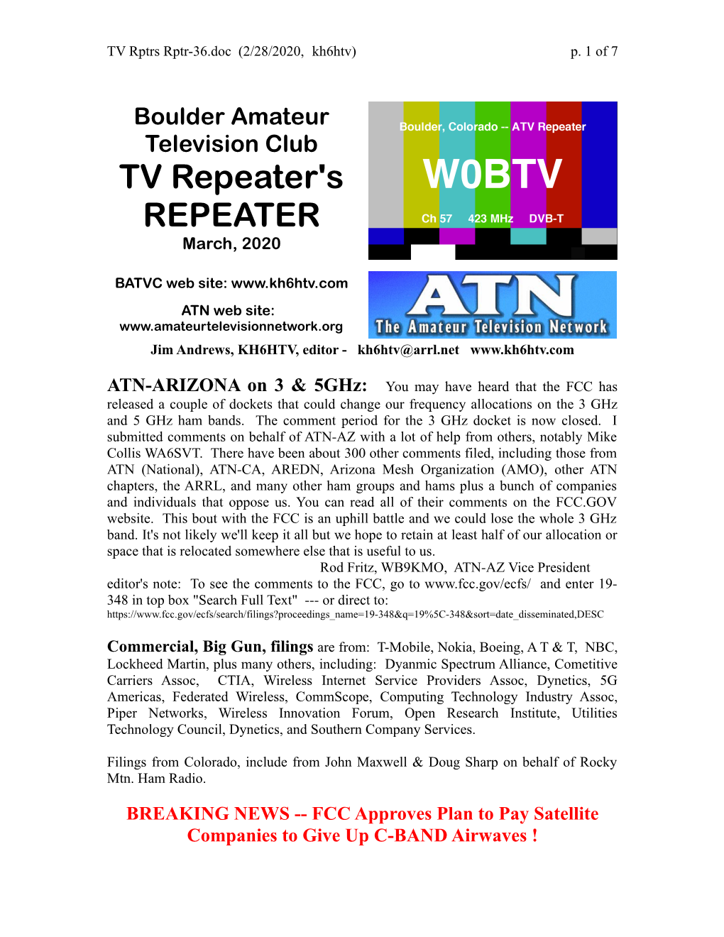 Boulder Amateur Television Club TV Repeater's REPEATER March, 2020