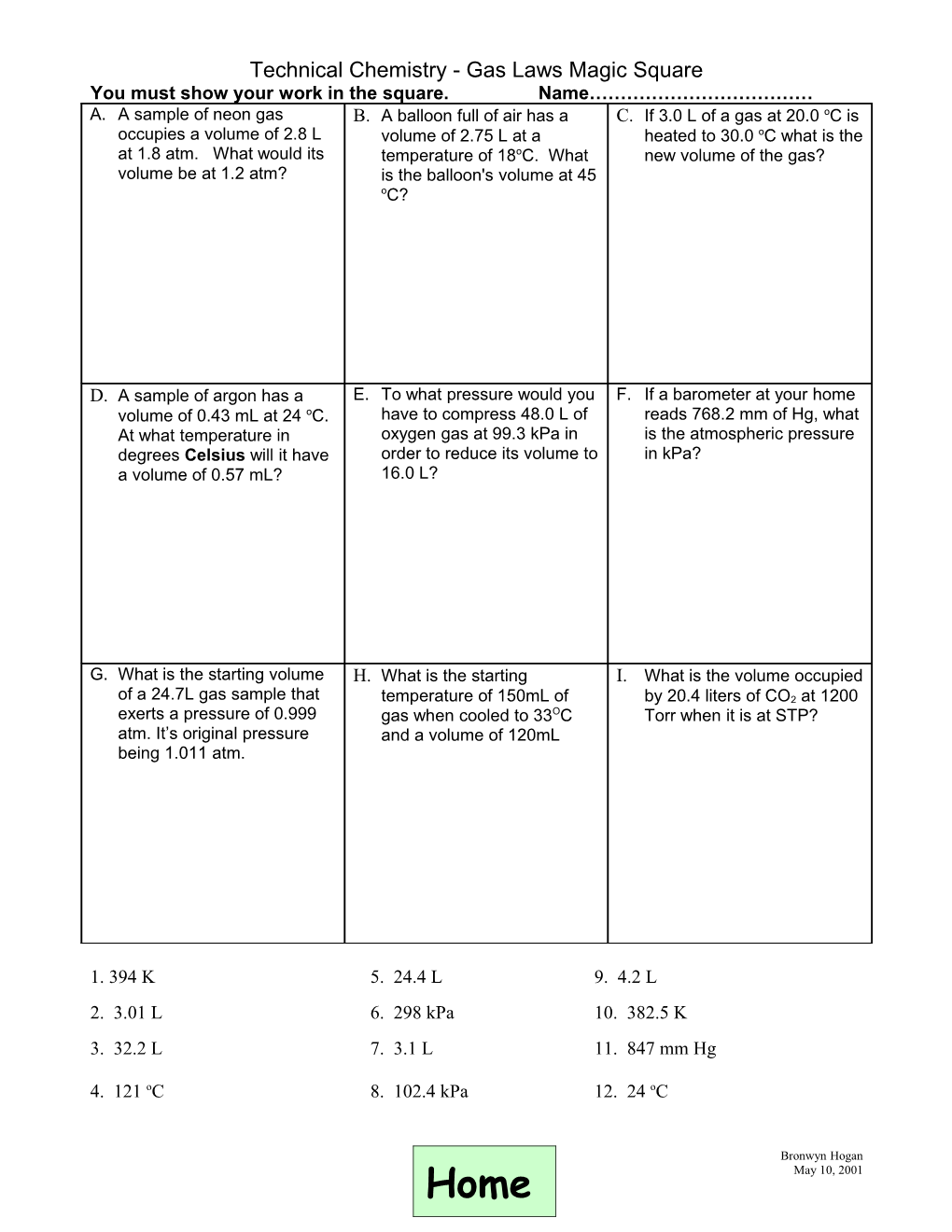 Gas Laws Magic Square