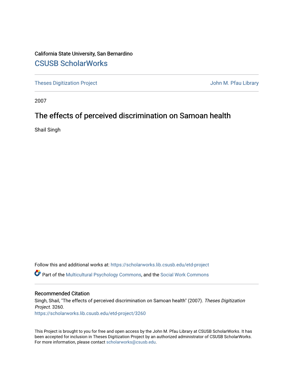 The Effects of Perceived Discrimination on Samoan Health