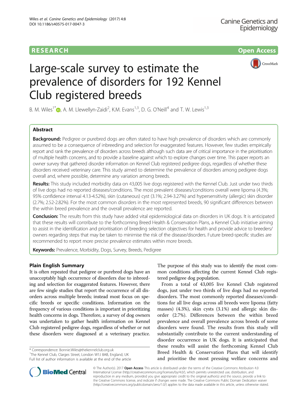 Large-Scale Survey to Estimate the Prevalence of Disorders for 192 Kennel Club Registered Breeds B