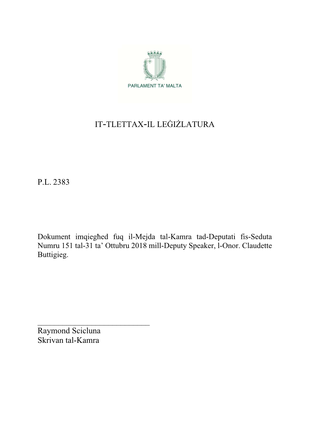 It-Tlettax-Il Leġiżlatura Pl 2383