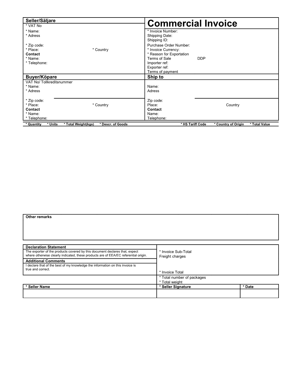 Handelsfaktura / Invoice / Commercial Invoice