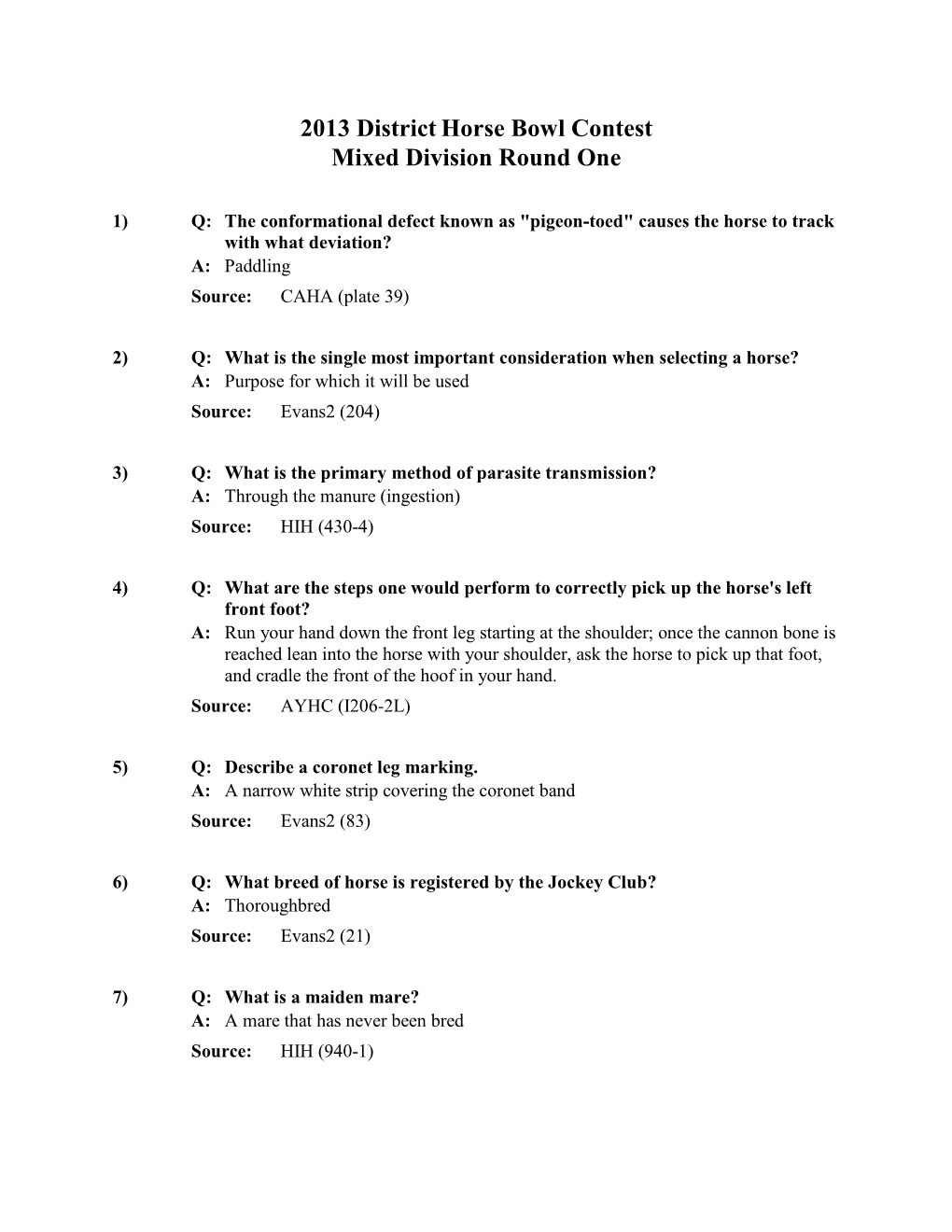 2013 District Mixed Division Horse Bowl Questions
