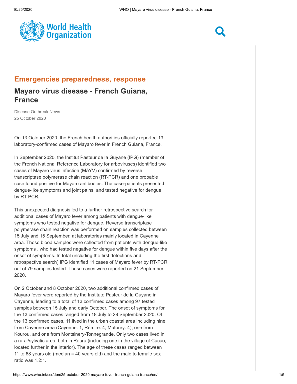 Emergencies Preparedness, Response Mayaro Virus Disease - French Guiana, France