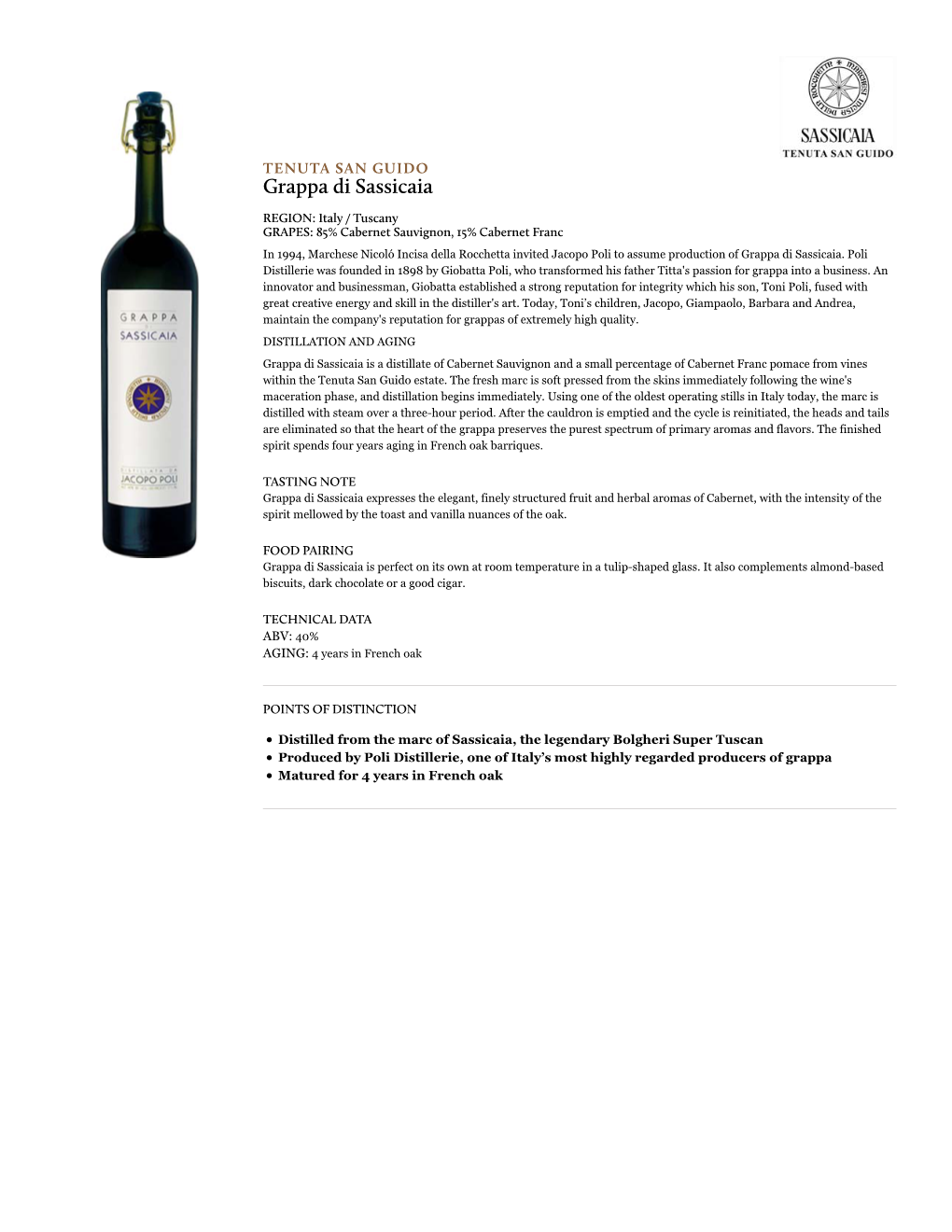 Kobrand Wine & Spirits | Tenuta San Guido Grappa Di Sassicaia