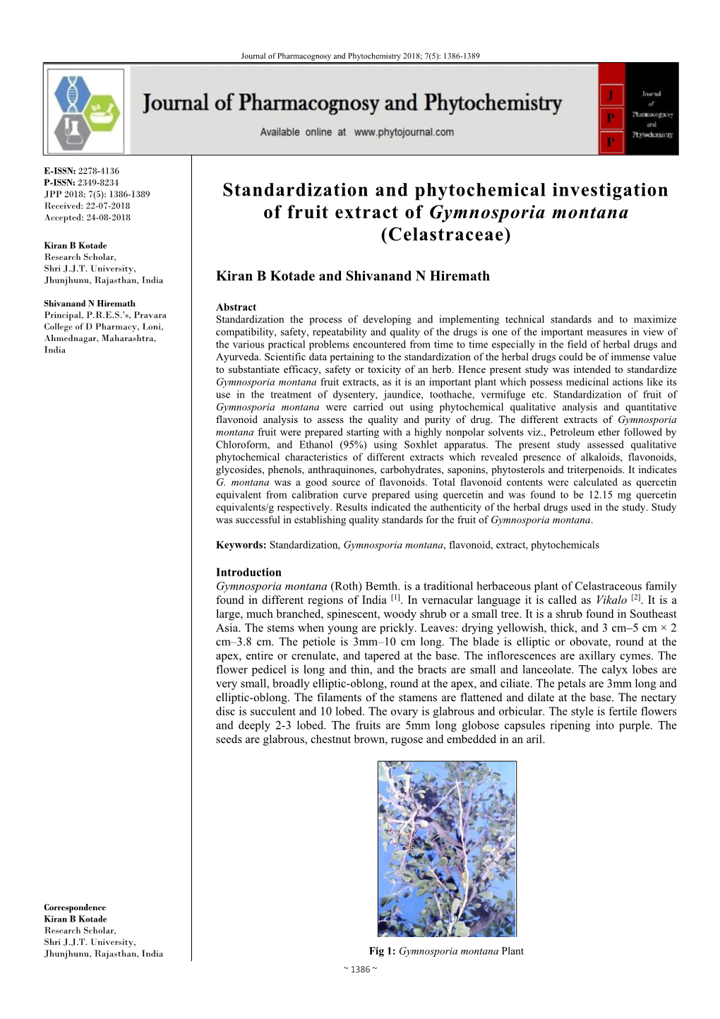 Standardization and Phytochemical Investigation of Fruit Extract of Gymnosporia Montana (Celastraceae)