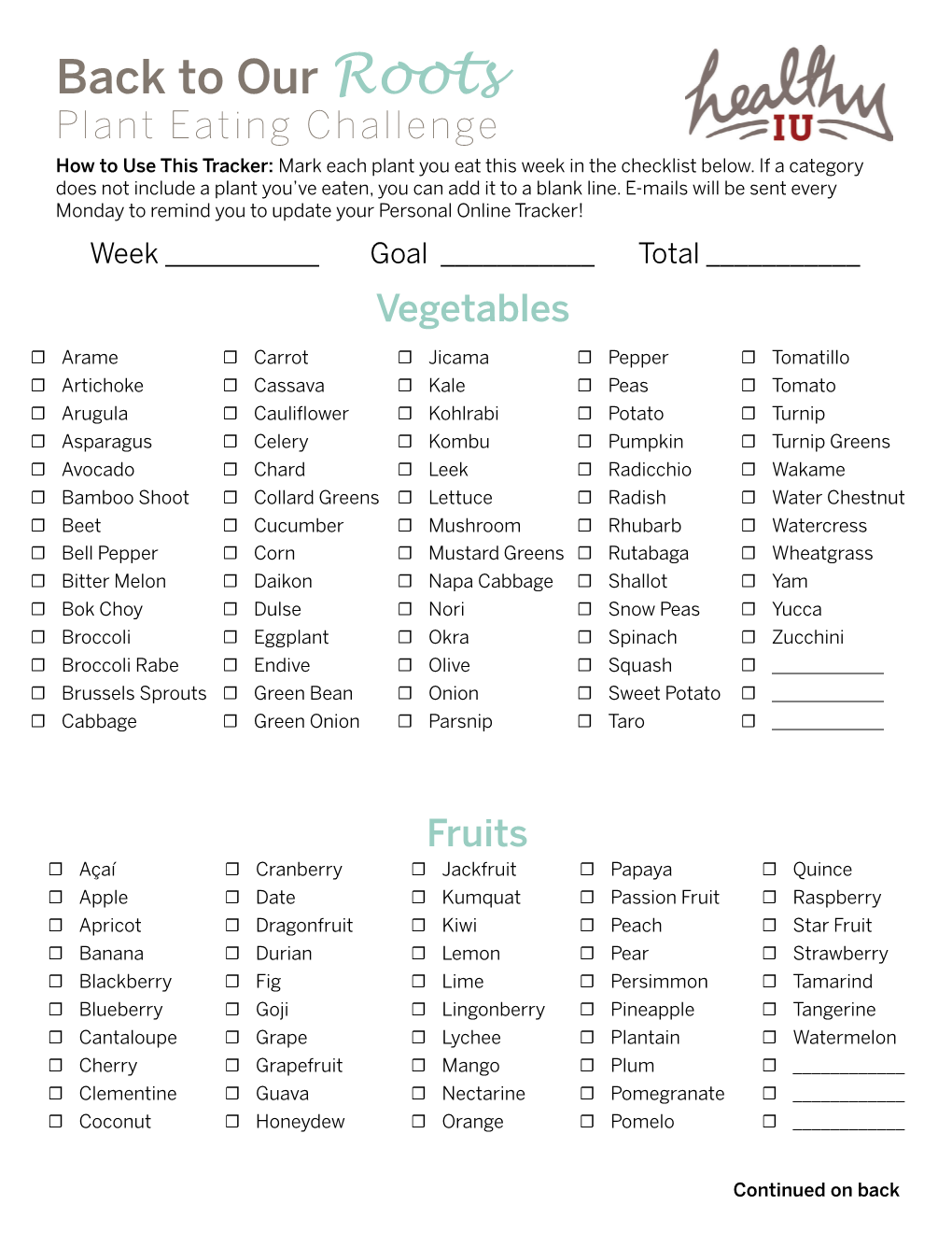 Our Roots Plant Eating Challenge How to Use This Tracker: Mark Each Plant You Eat This Week in the Checklist Below