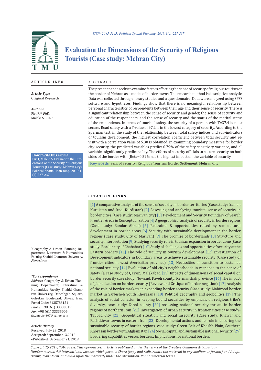 Evaluation the Dimensions of the Security of Religious Tourists (Case Study: Mehran City)