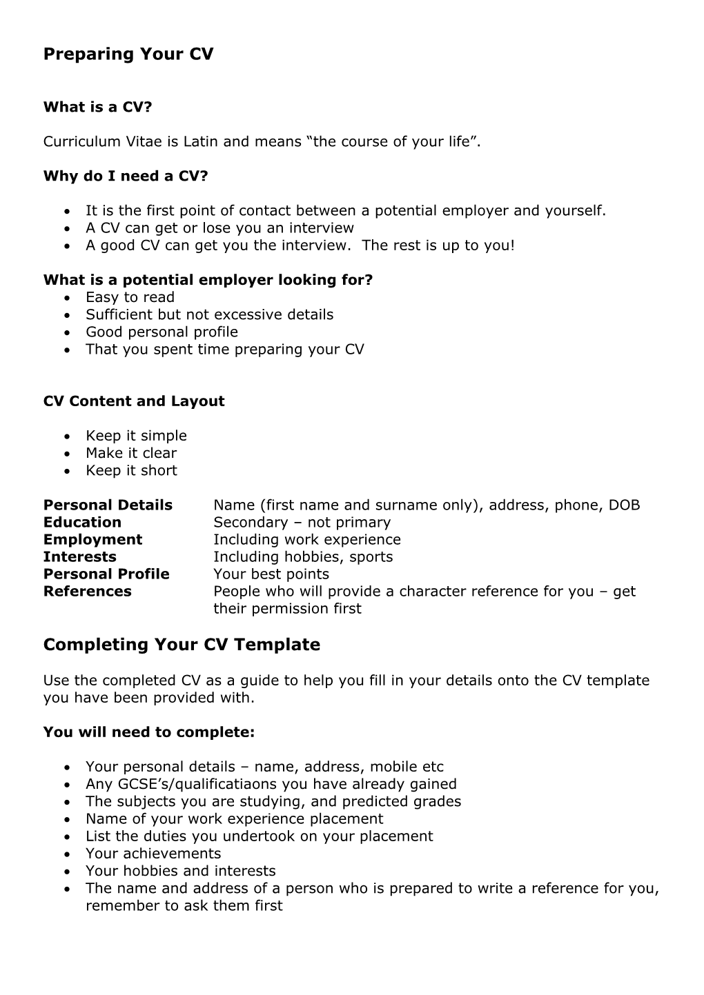 Preparing Your CV