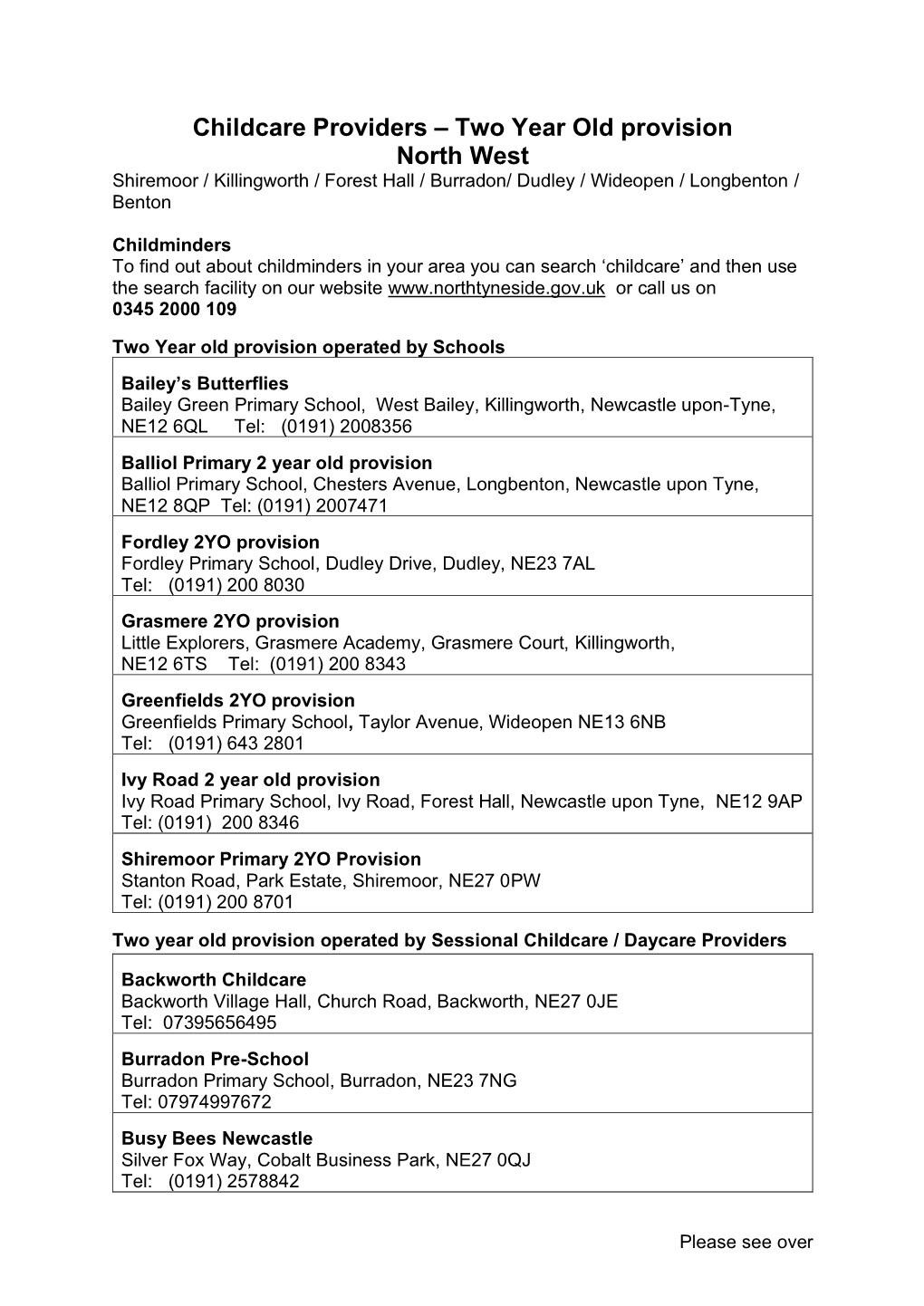 Childcare Providers – Two Year Old Provision North West Shiremoor / Killingworth / Forest Hall / Burradon/ Dudley / Wideopen / Longbenton / Benton