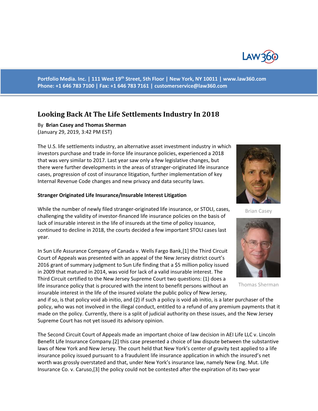 Looking Back at the Life Settlements Industry in 2018 by Brian Casey and Thomas Sherman (January 29, 2019, 3:42 PM EST)