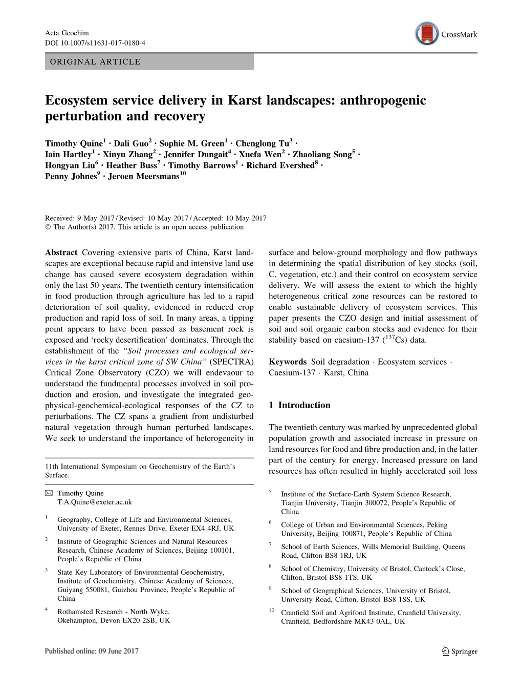 Ecosystem Service Delivery in Karst Landscapes: Anthropogenic Perturbation and Recovery