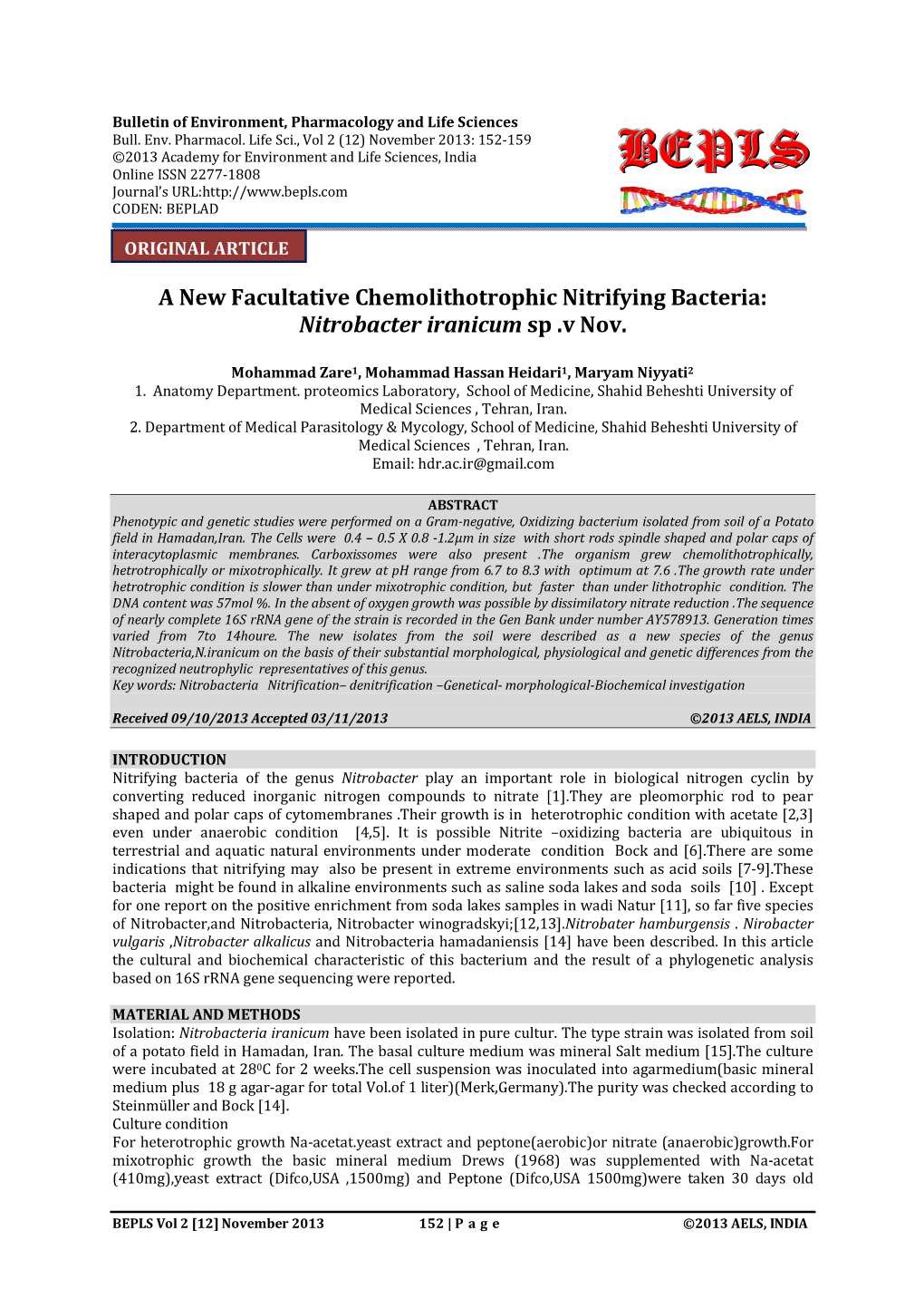 A New Facultative Chemolithotrophic Nitrifying Bacteria: Nitrobacter Iranicum Sp .V Nov