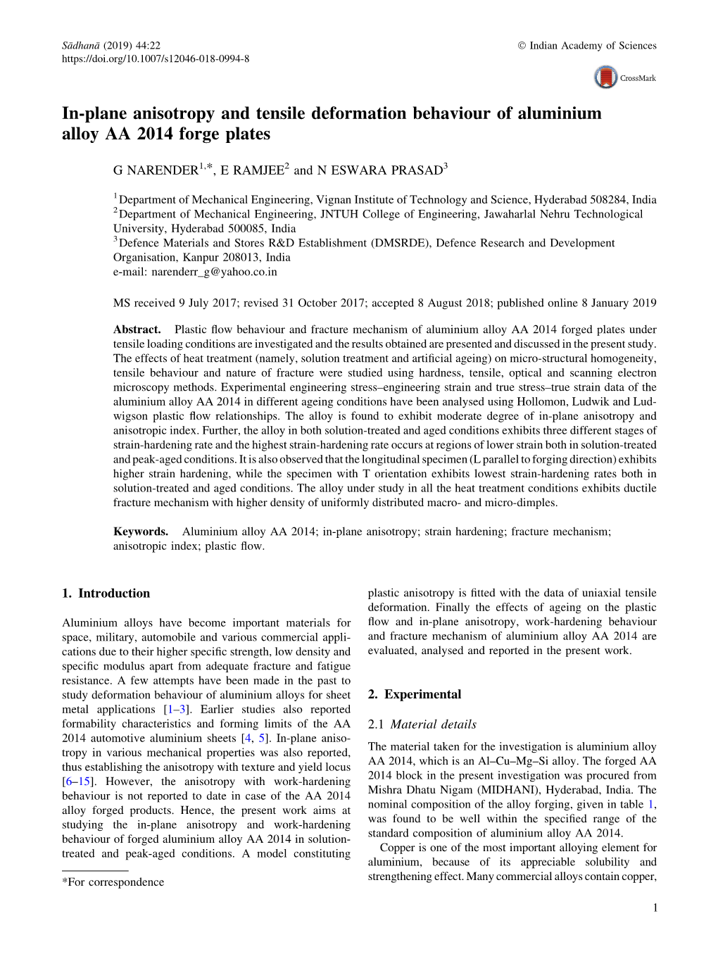 In-Plane Anisotropy and Tensile Deformation Behaviour of Aluminium Alloy AA 2014 Forge Plates