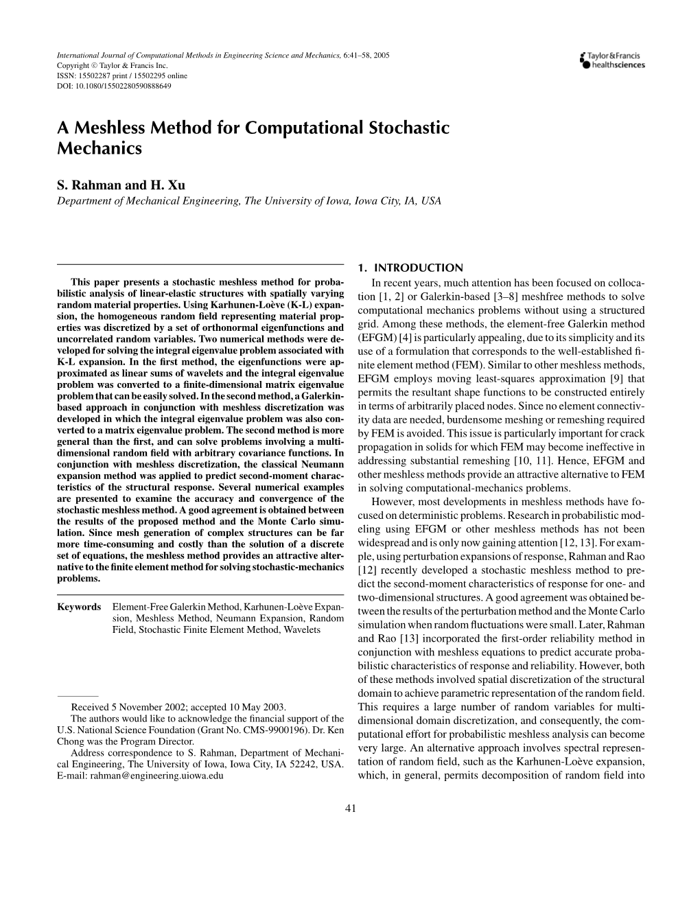A Meshless Method for Computational Stochastic Mechanics