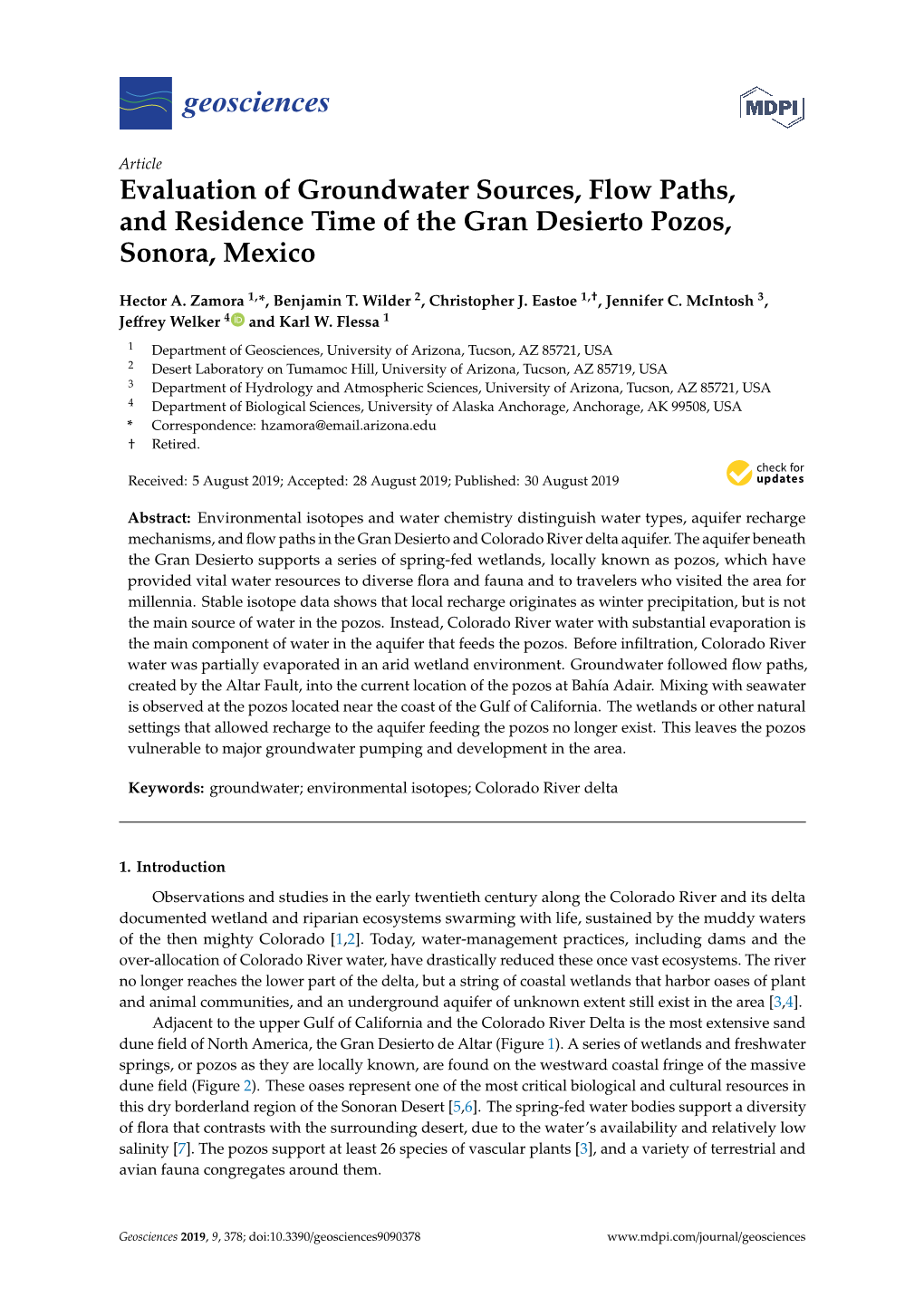 Evaluation of Groundwater Sources, Flow Paths, and Residence Time of the Gran Desierto Pozos, Sonora, Mexico