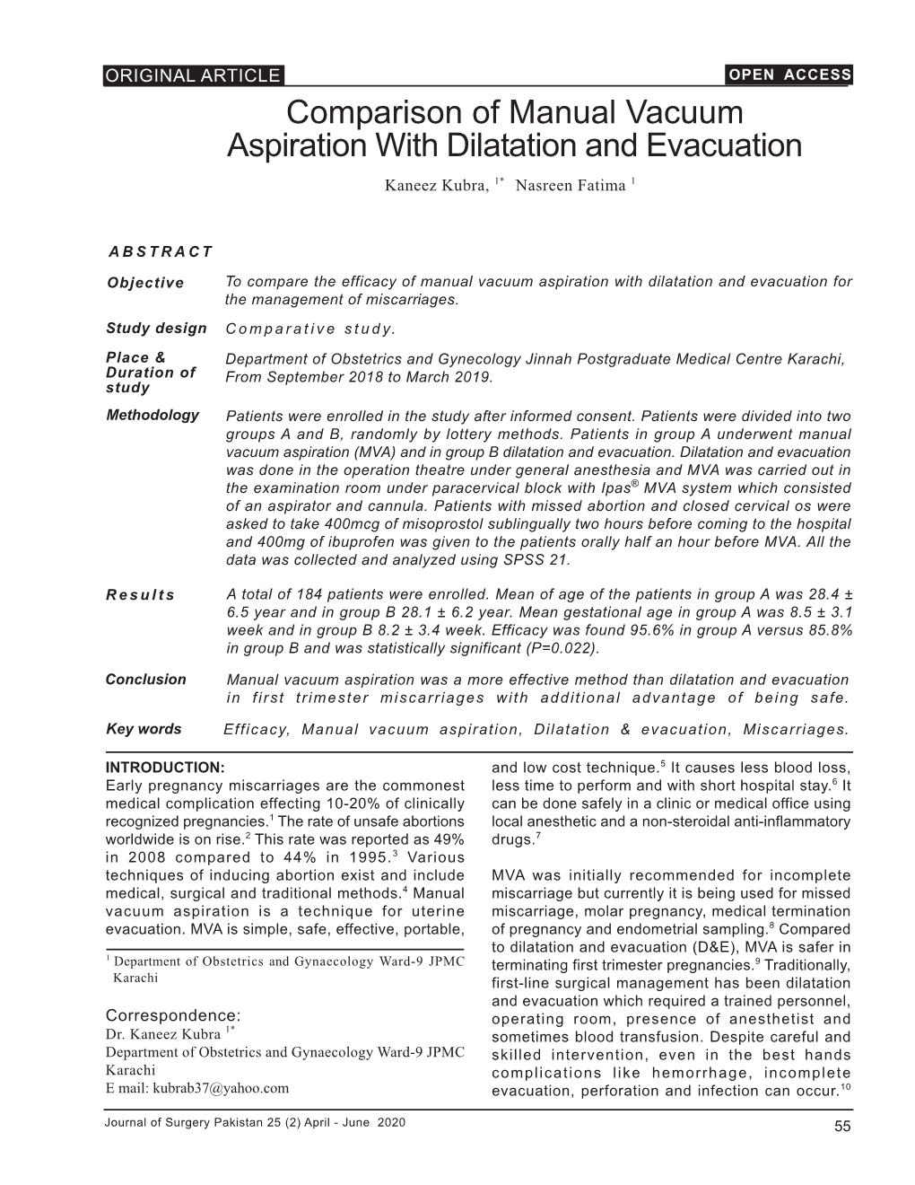 Comparison of Manual Vacuum Aspiration with Dilatation and Evacuation