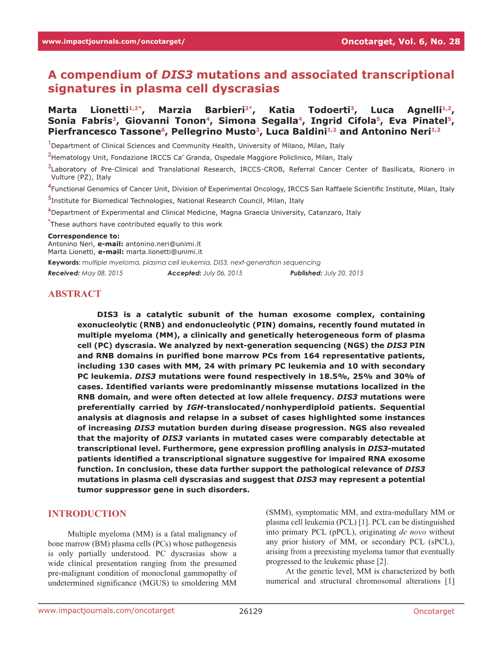 A Compendium of DIS3 Mutations and Associated Transcriptional Signatures in Plasma Cell Dyscrasias