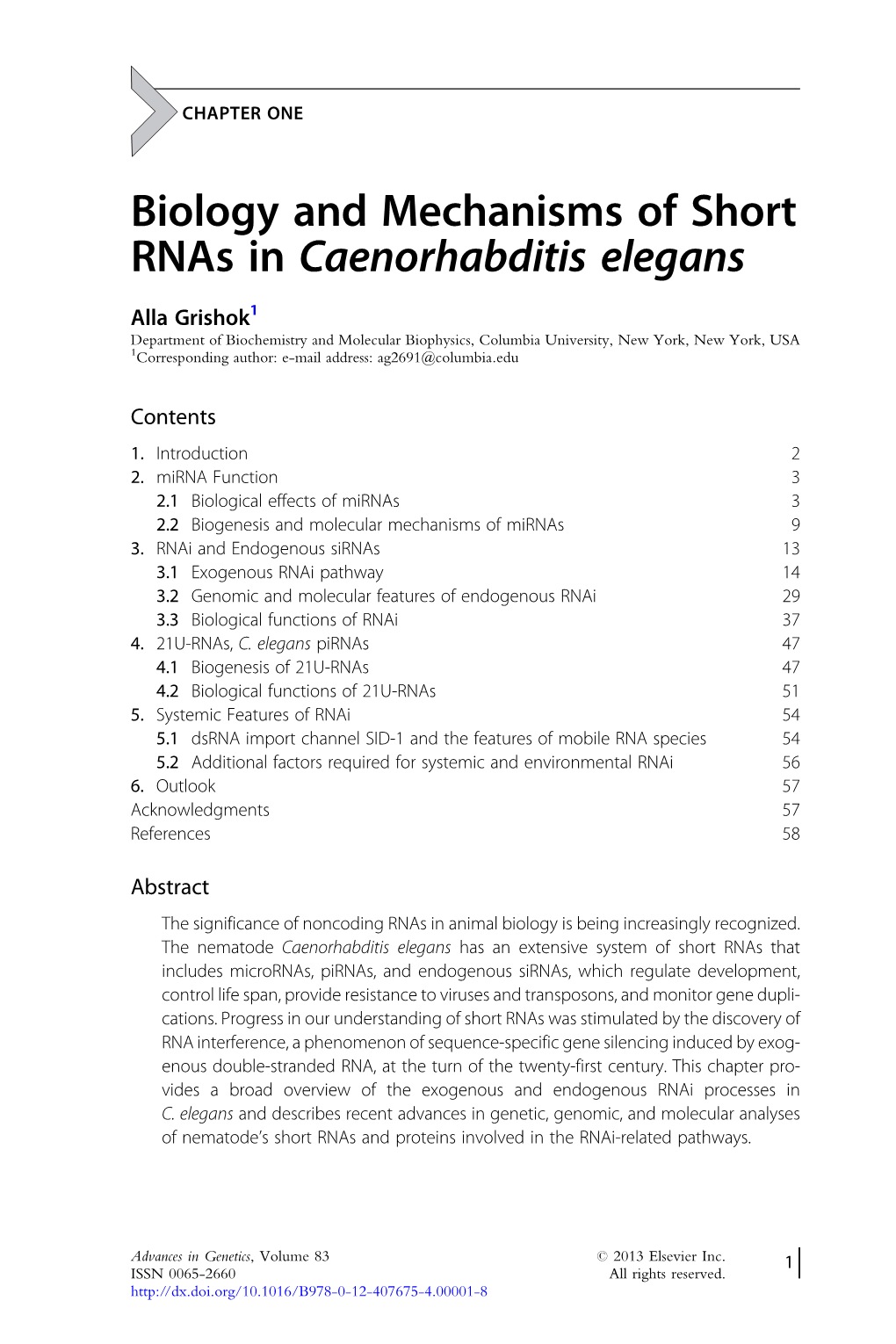 Biology and Mechanisms of Short Rnas in Caenorhabditis Elegans