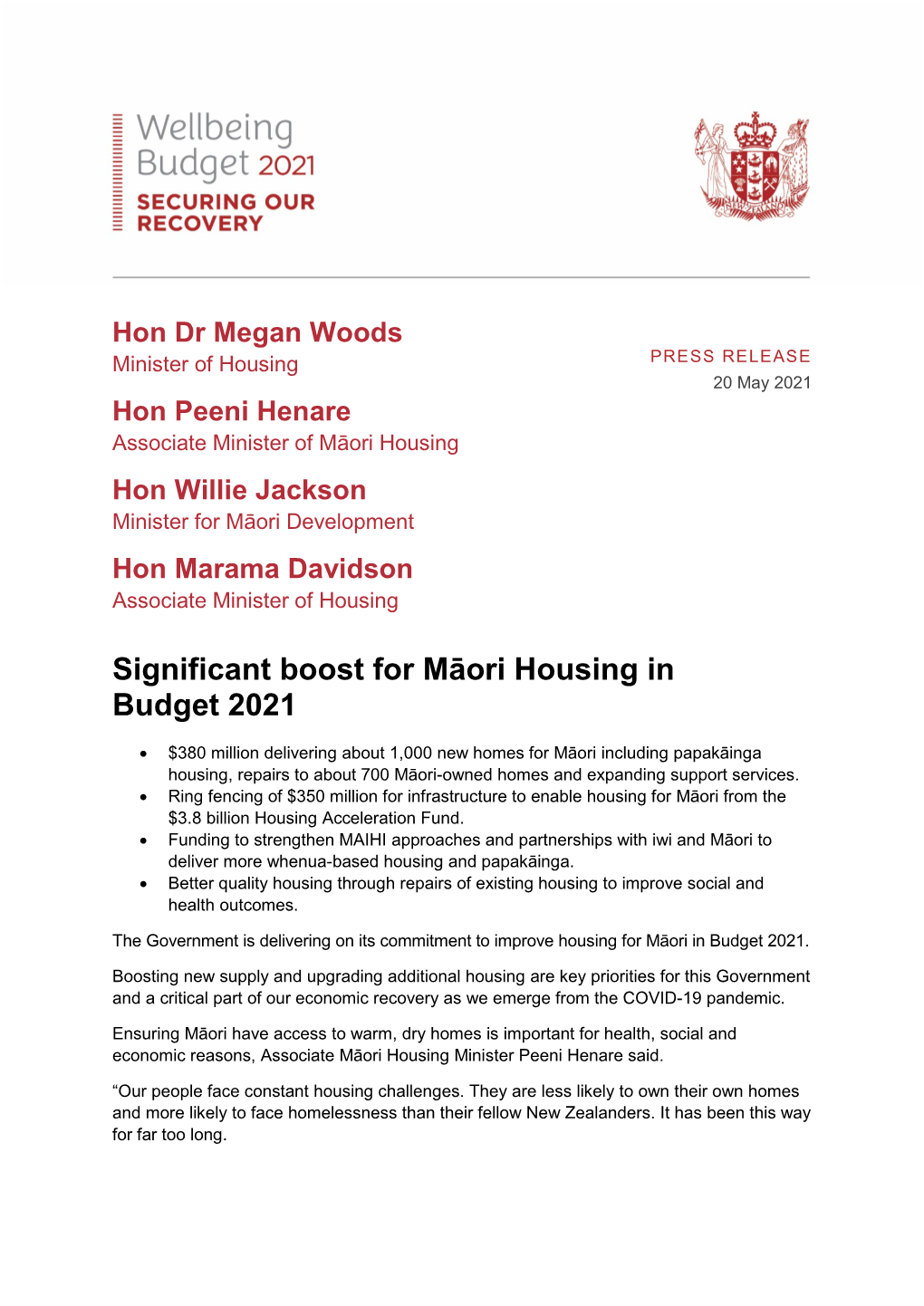 Hon Dr Megan Woods, Hon Peeni Henare, Hon Willie Jackson And