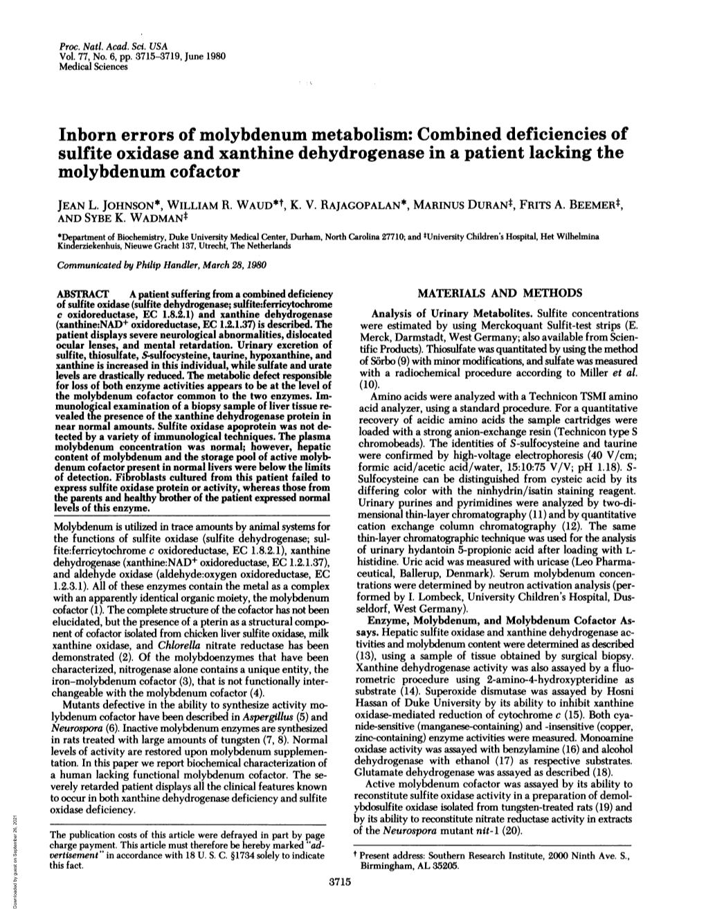 Combined Deficiencies of Molybdenum Cofactor