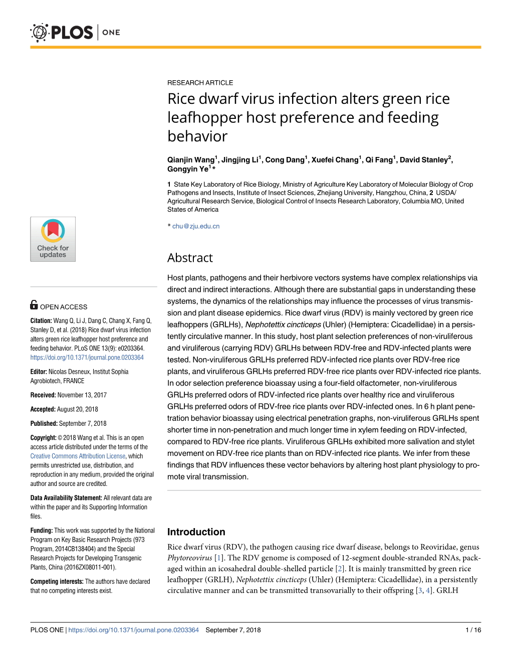 Rice Dwarf Virus Infection Alters Green Rice Leafhopper Host Preference and Feeding Behavior