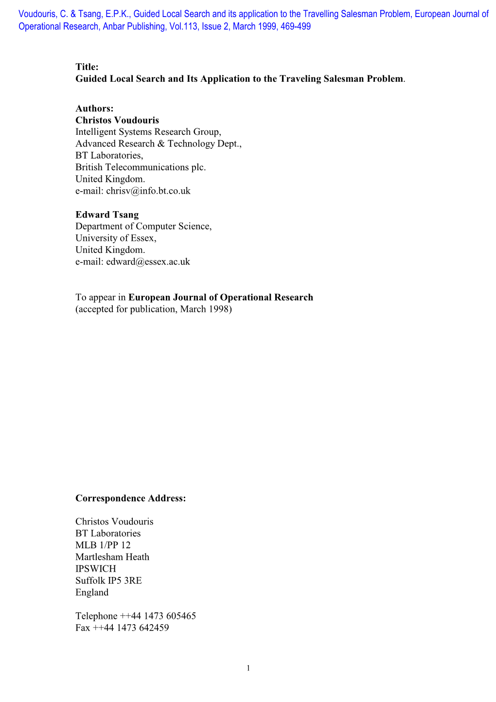 Title: Guided Local Search and Its Application to the Traveling Salesman Problem