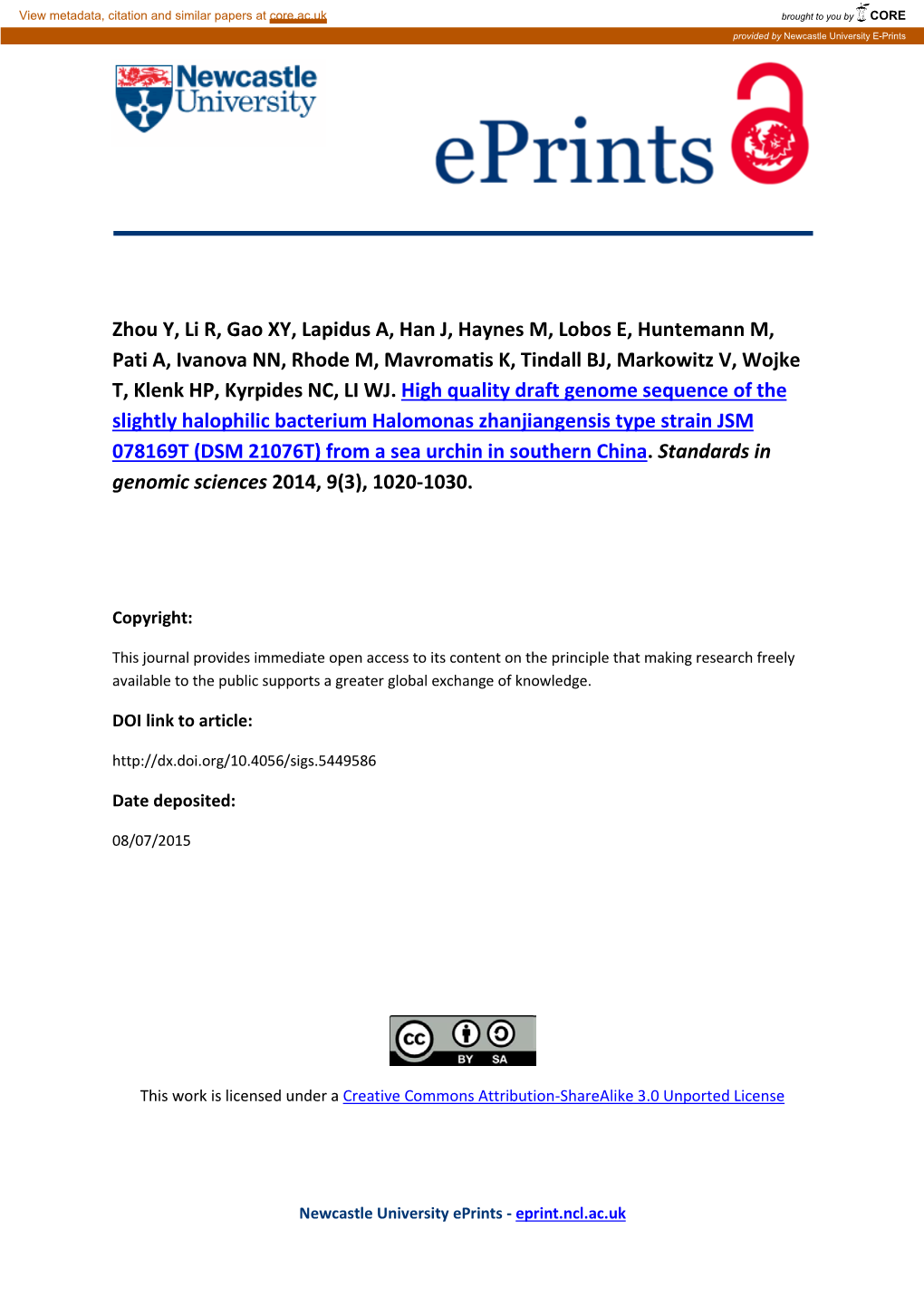 High Quality Draft Genome Sequence of the Slightly