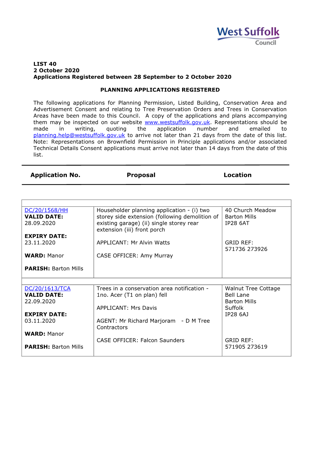 WSC Planning Applications 40/20