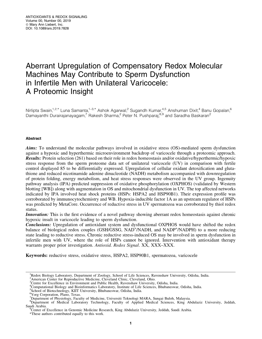 Aberrant Upregulation of Compensatory Redox Molecular Machines May Contribute to Sperm Dysfunction in Infertile Men with Unilateral Varicocele: a Proteomic Insight