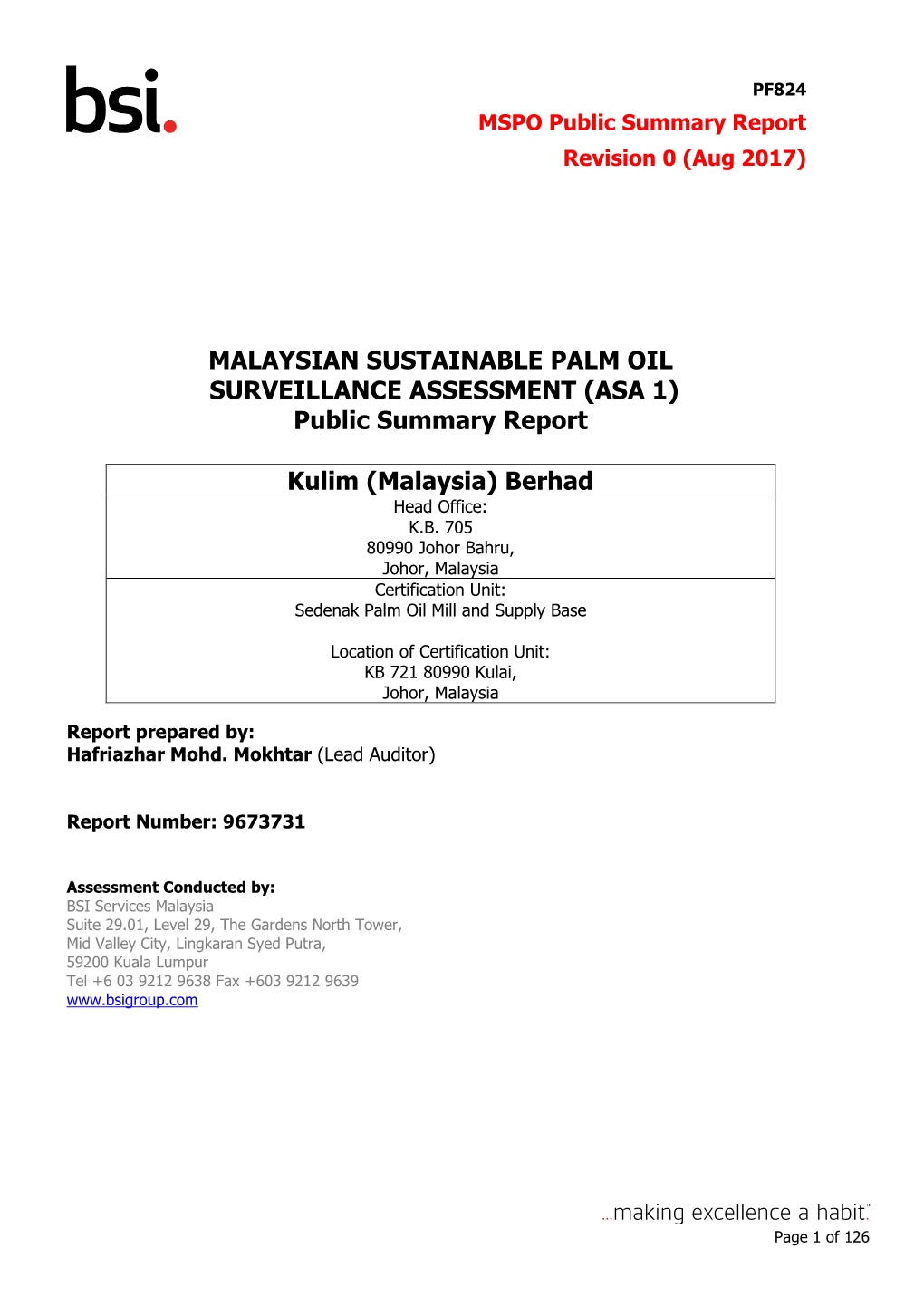 (ASA 1) Public Summary Report Kulim (Malaysia) Berhad