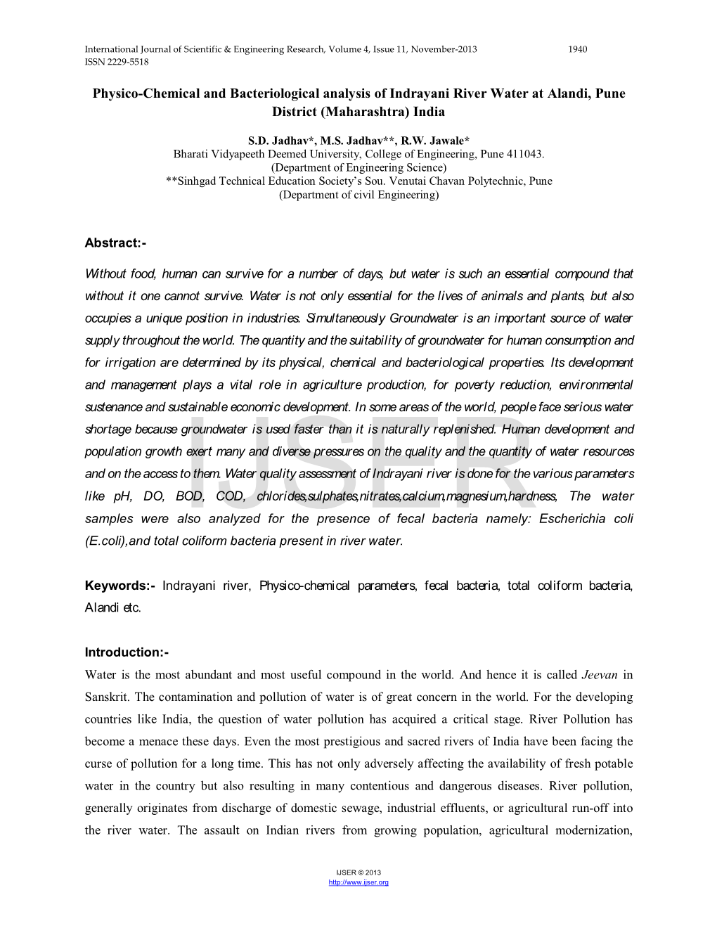 Physico-Chemical and Bacteriological Analysis of Indrayani River Water at Alandi, Pune District (Maharashtra) India